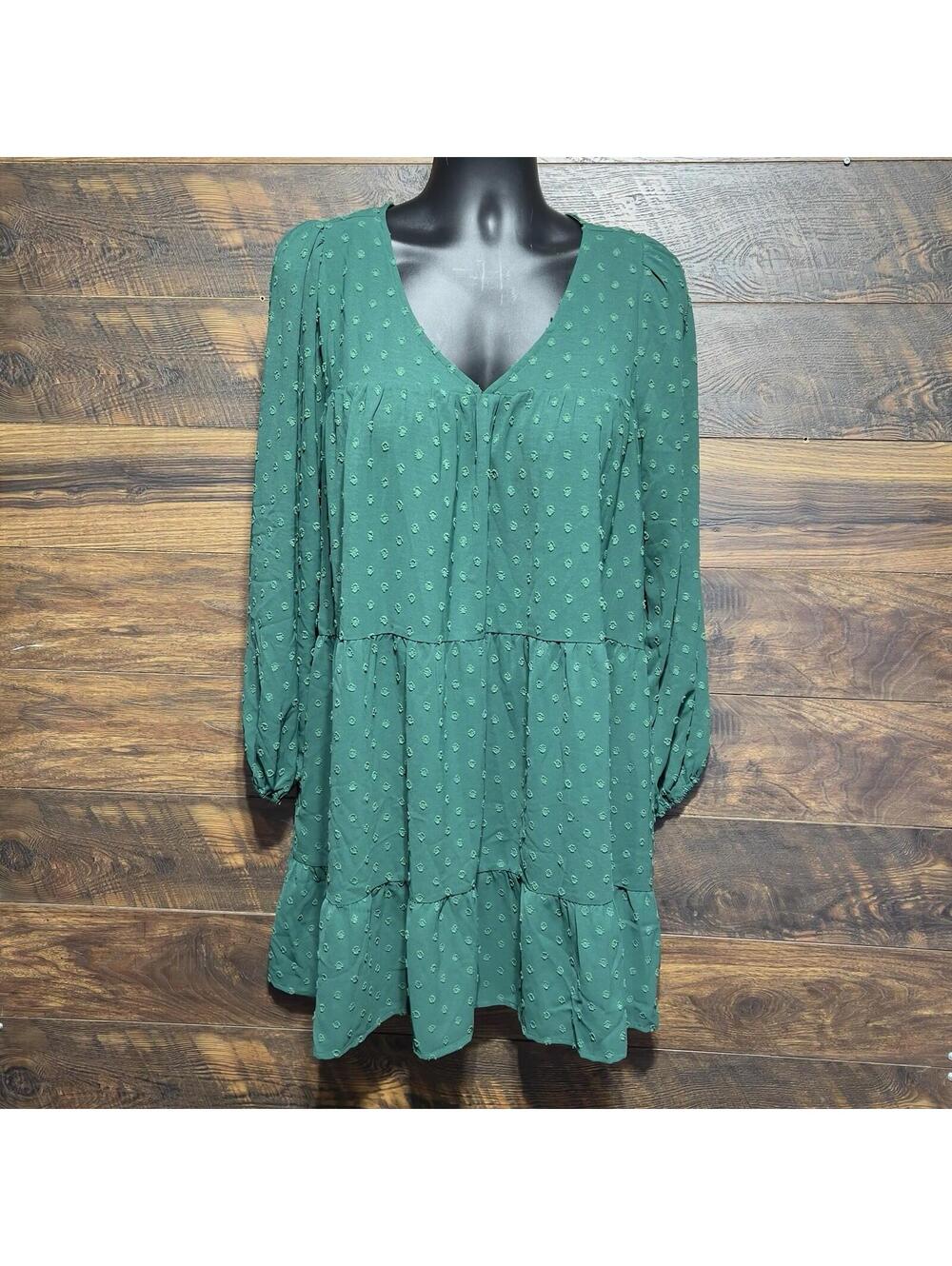 ODDI Green Clip Dot Boho Tiered Tunic Dress 1XL V-Neck Balloon Sleeve Plus